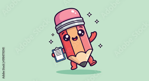 Cute Pencil Character Holding Clipboard Waving Hand Cartoon Vector Icon Illustration.