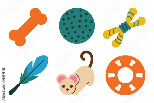 Colorful assortment of pet toys including bones balls and a playful mouse