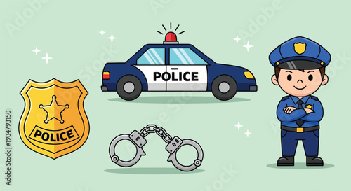 Cute Police Officer with Patrol Car Badge and Handcuffs Cartoon Illustration Set.