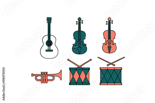 Colorful illustration depicting various musical instruments including guitars a trumpet and drums