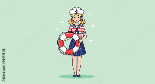 Cute Sailor Girl Holding a Lifebuoy.