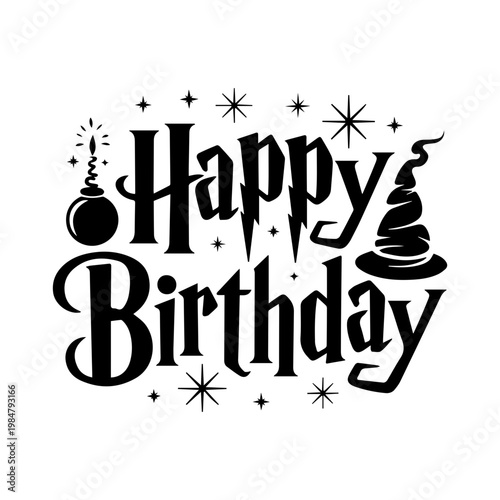 Black Happy Birthday SVG lettering on a transparent background with a wizard's hat