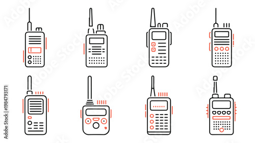 Collection of eight different walkie talkie icons in a simple line art style with orange accents.