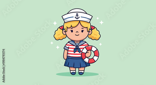 Cute Sailor Girl Holding Lifebuoy Cartoon Illustration.