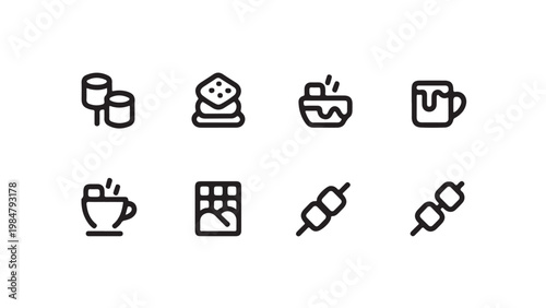 Linear icons of marshmallows being roasted on sticks and made into delicious s'mores.