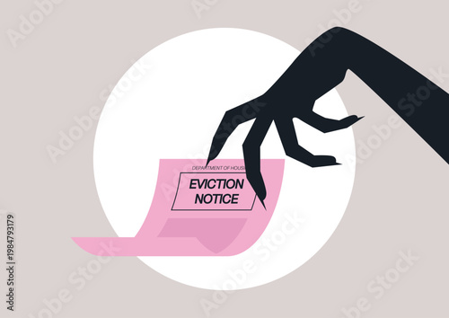 A shadowy hand extends toward a bright pink eviction notice, This striking contrast highlights the emotional weight of eviction, capturing the tension of housing uncertainty in modern life.