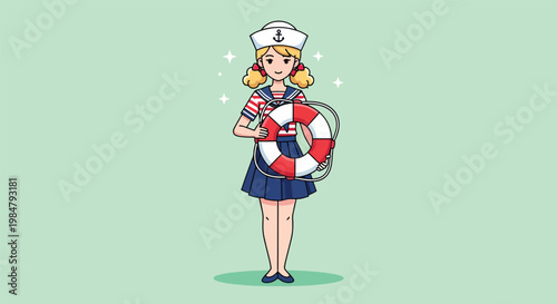 Cute Sailor Girl Holding a Lifebuoy Illustration.