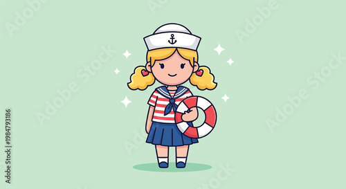 Cute Sailor Girl with Lifebuoy Cartoon Illustration.