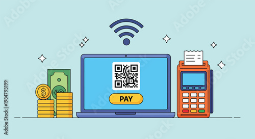 Digital Payment System with QR Code and Laptop Vector Illustration.