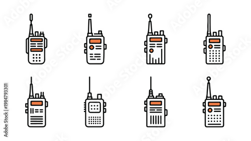 Collection of eight different walkie talkie icons in a simple line art style with orange accents.