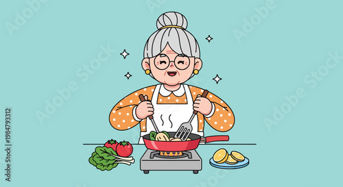 Happy Grandmother Cooking Delicious Food in Kitchen.