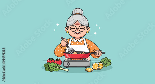 Happy Grandmother Cooking Delicious Food on Stove Vector Illustration.