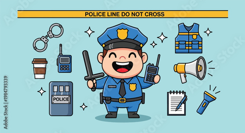 Happy Police Officer with Law Enforcement Equipment Cartoon Illustration.