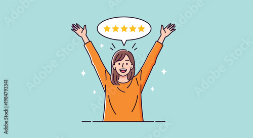 Happy Woman Celebrating Excellent Customer Feedback and High Ratings.