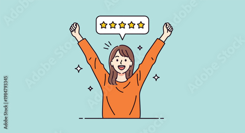 Happy Woman Celebrating Five Star Customer Review.