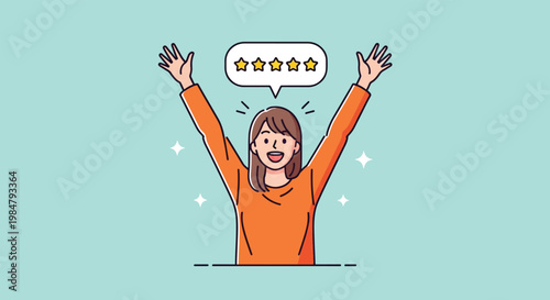 Happy Woman Celebrating Five Star Rating and Positive Feedback.
