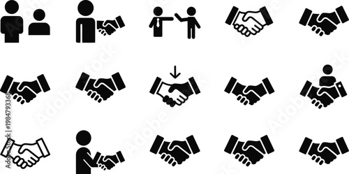 Diverse set of handshake icons symbolizing agreement and business deals with handshake, business