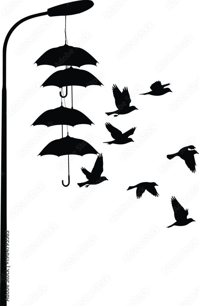 Fototapeta premium Surreal streetlamp silhouette with umbrellas hanging, birds flying in artistic composition, imaginative black and white vector illustration, creative abstract design for conceptual themes