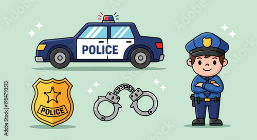 Police Officer Car Badge and Handcuffs Cartoon Illustration.