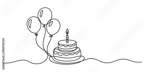 Minimalist Continuous Line Drawing of Birthday Cake and Balloons