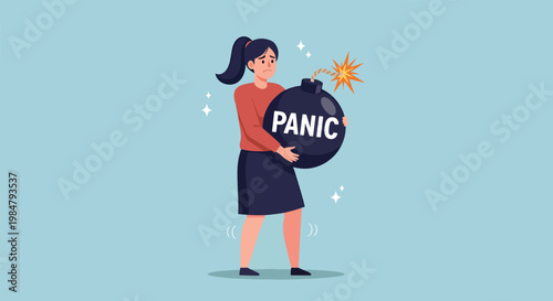 Woman holding a bomb labeled panic symbolizing stress and anxiety.