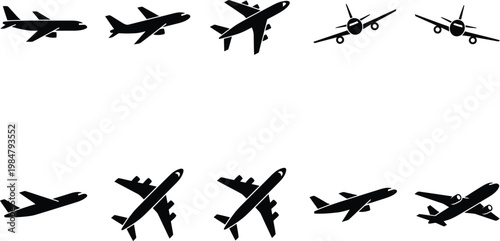 Airplane silhouette vector set, 10 commercial aircraft icons in various flight angles, black plane symbols for travel and aviation design