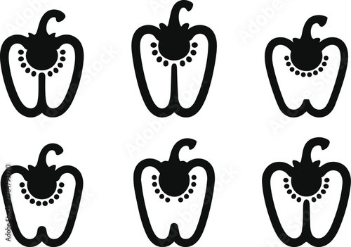Collection of Minimalist black sweet pepper capsicum cut in half silhouette vector icon