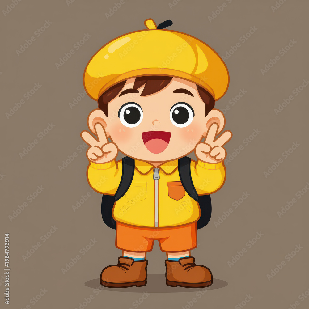 Fototapeta premium Happy Cartoon Boy in Yellow Outfit Making Peace Signs