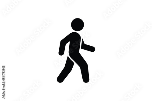 A simple black silhouette depicts a person actively walking forward in motion
