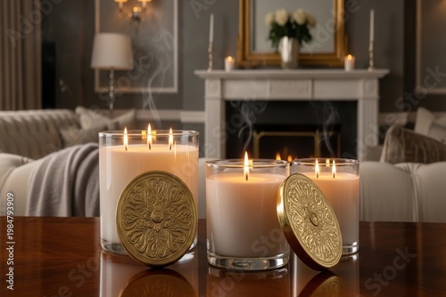 Lit candles on a wooden table in a cozy living room