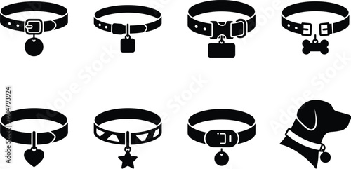 Dog collar icon set with various buckle styles and ID tags, black silhouette pet accessories vector, 8 animal neck strap elements for veterinary and pet shop branding