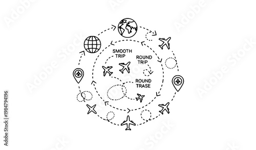 Hand drawn airplane route doodle vector set with dashed travel paths curved flight lines and sketch navigation traces