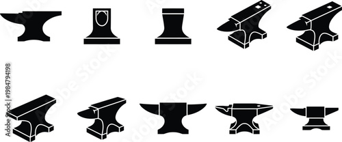 Blacksmith anvil vector icons set, industrial metalwork tools collection, heavy iron anvil silhouettes for forging and metal smithing design