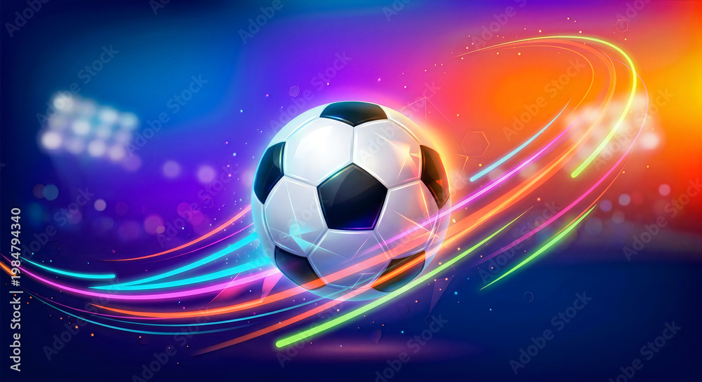Fototapeta premium Soccer ball with colorful swirling lights