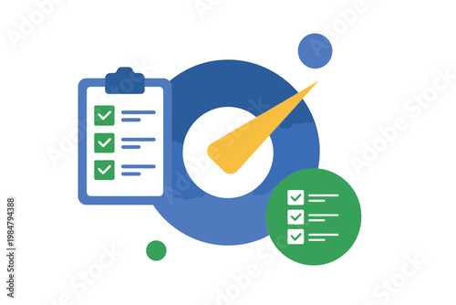 A colorful illustration depicts task completion with checklists a clipboard and progress
