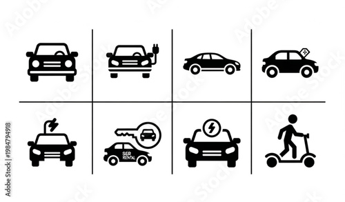 Transportation Glyph Icon Set Car Automobile Electric Vehicle Vector