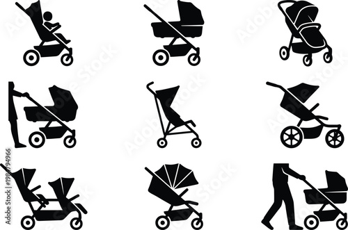 Baby stroller silhouette icons set, black infant carriage and pram vector collection, newborn transport symbols for parenting and childcare design