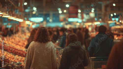 Evening supermarket scene with people shopping under warm lights ,people in supermarket, shop assistant with people, people shopping in the supermarket, photo style