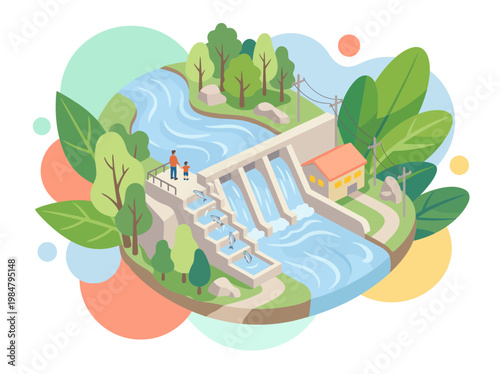 Hydroelectric Dam and Renewable Energy Sustainable Concept Illustration