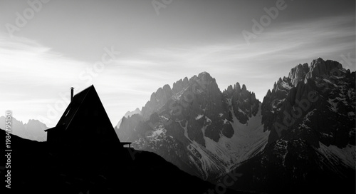 Silhouetted Mountain Cabin Hut On Ridge Line.