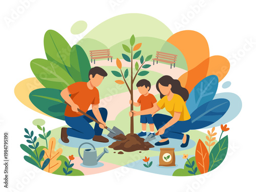 Family planting a tree in a city park for environmental sustainability