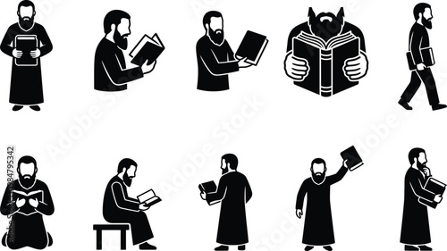 Minimalist monk reading book icons, set of 10 black and white priest silhouettes, religious scholar studying scripture vector illustrations