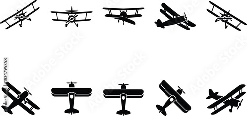 Vintage biplane silhouettes set, 10 antique airplane vector icons, retro propeller aircraft collection for aviation logos and military history design