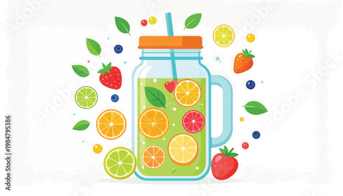 Fresh Fruit Infused Drink in Mason Jar.