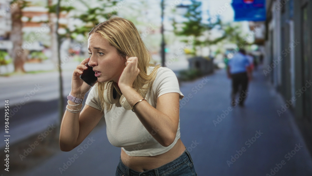 Fototapeta premium Woman with over ear headphones holding phone to ear and touching ear in street wearing white crop top and jeans and bracelet visible; concern focus.