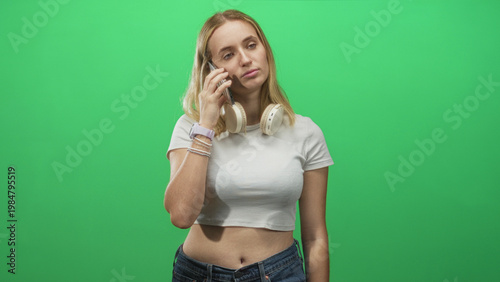 Woman holding smartphone to ear with headphones around neck in studio, wearing crop top, jeans and bracelets; quiet contemplation.