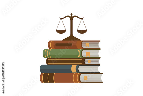 Scales of justice resting upon a stack of law books symbolizing legal principles