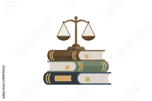 Scales of justice resting atop a stack of law books symbolizing legal principles