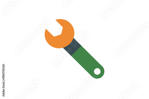 A colorful illustration depicts an open ended wrench with a green handle and orange head