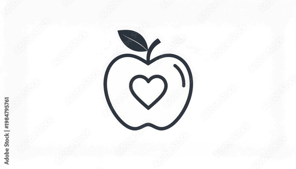 Fototapeta premium Simple Line Drawing of Apple with Heart.